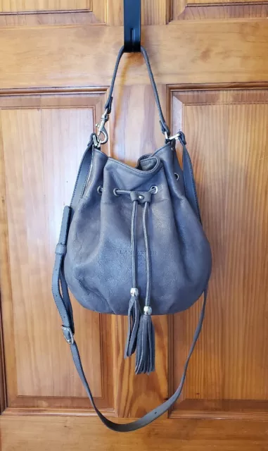 Lancaster Paris Drawstring Leather Bucket Bag Crossbody Gray