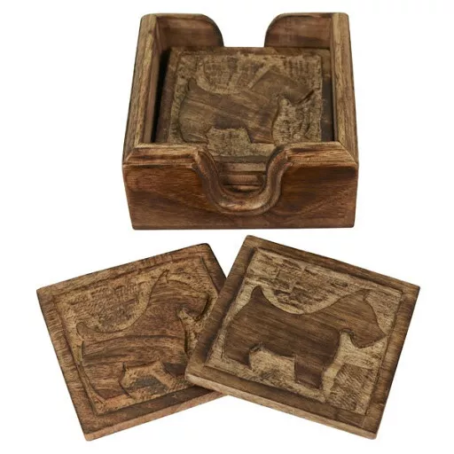 Set Of 6 Hand Finished Mango Wood Carved Scottie Dog Coasters And Holder