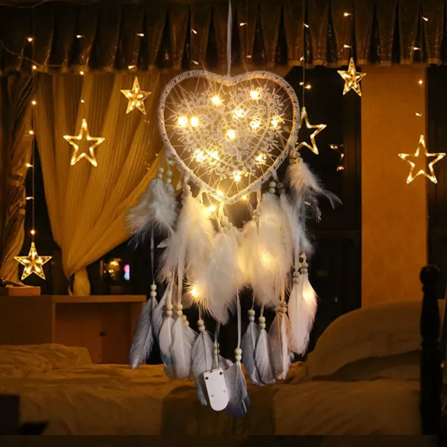 LED Dreamcatcher Herz Traumfänger mit Feder Wandbehang Träume Nacht Home Dekor