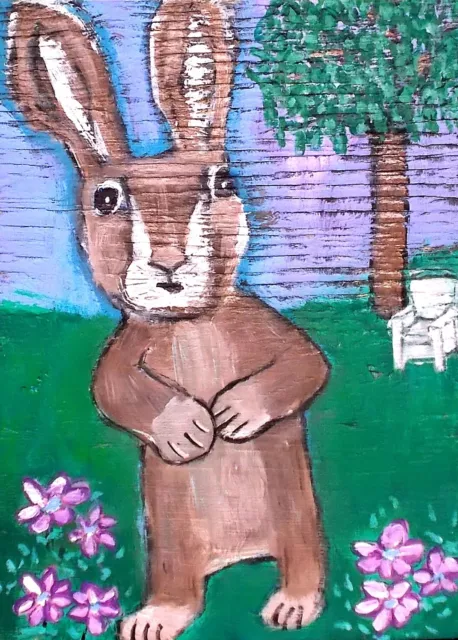 BUNNY Raw Folk Art Brut Painting Outsider T Marie Nolan Original SPRING