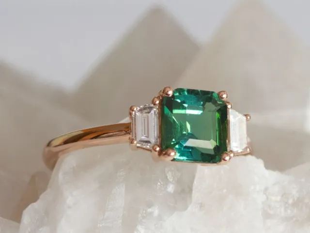 Engagement Ring Green Tourmaline Natural Diamond 0.36 Carat 18k Rose Gold Women
