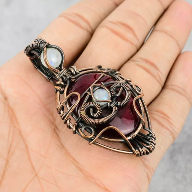 Red Labradorite & Moonstone Gemstone Copper Wire Wrap Handmade Pendant For Gift