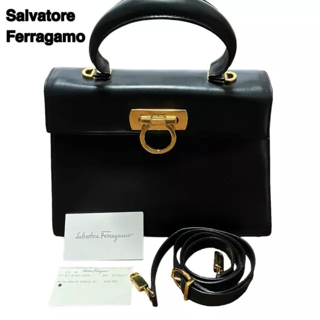 Salvatore Ferragamo Top Handle Shoulder Bag Handbag Gancini 2way Leather Navy