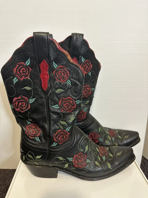 Womens Lucchese 1883 Cowgirl Boots Size 8 1/2 B Black Leather Red Rose Western