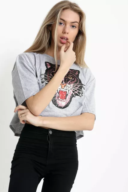 Womens T-shirt Applique Sequin Embellished Tiger Crop Top