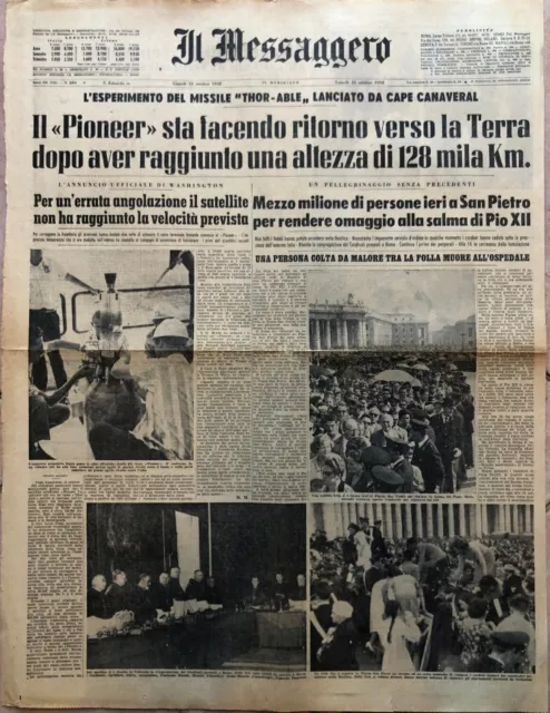 Pioneer Terra Morte Pius XII newspaper Il Messaggero original 13 October 1958