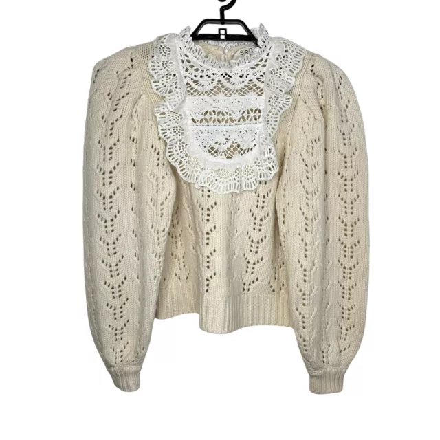 SEA New York Womens Patrizia Wool Lace Sweater Sz Medium Ivory Wool Long Sleeve