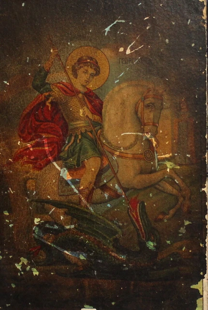 Vintage hand made printed icon Saint George and the dragon