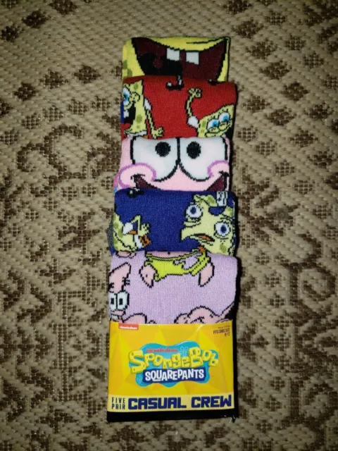 Sponge Bob Square Pants Nickelodeon 5 Pair CREW SOCKS SIZE 8-12 BRAND NEW TV