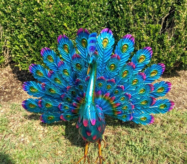 Metal Lawn Art Peacock Blue Metallic Porch House Sculpture Statue Indoor/Outdoor