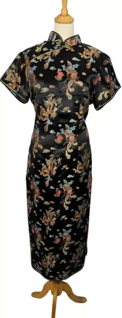 New Chinese Black Satin Brocade Dragon Cheongsam Long Dress Size 14