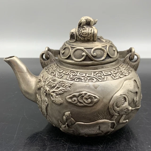 5.3" Collect Chinese Paktong Silvering Animal Five Ox Mouse Willow Tree Teapot