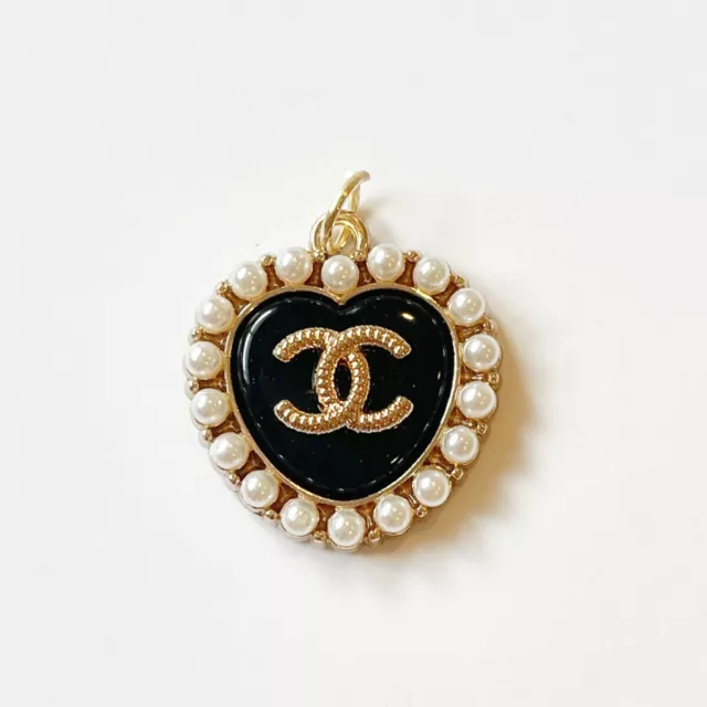 23mm Gold Vintage Stamped Chanel Designer Button Tag Pink & Pearl Heart  Charm 💖