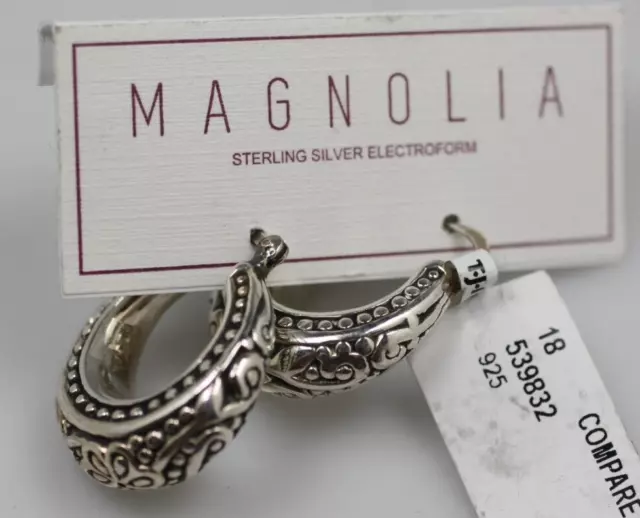 New on card Magnolia Sterling Silver Hoop Earrings post pierced Electroform