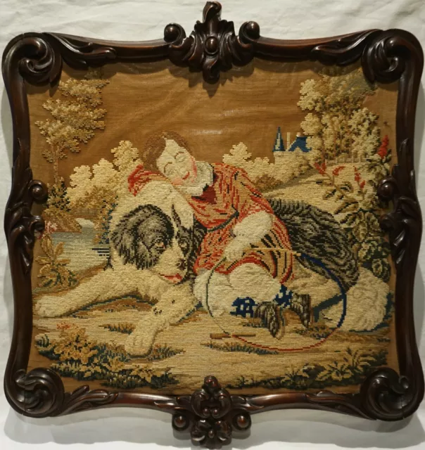 MID 19TH CENTURY NEEDLEPOINT OF A SLEEPING BOY WITH HIS LARGE PET DOG - c.1860