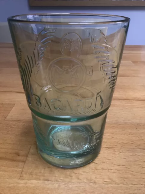 Single Bacardi Rum Mojito Cocktail Glass Green Tinted Embossed Leaf Bat Logo Pub