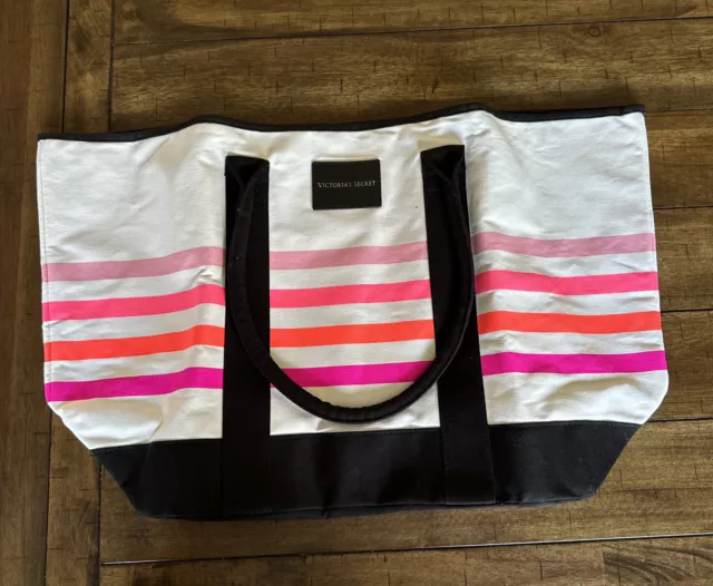 Victoria's Secret Tote Logo Stripe Weekender Large Beach Bag Pink Black New