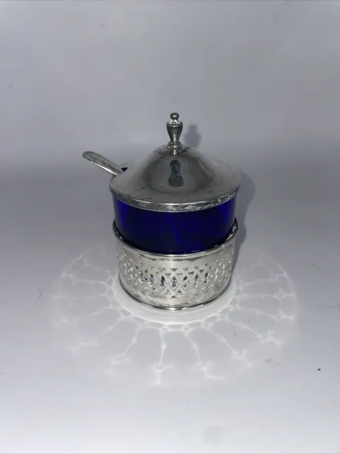 Vintage WEBSTER & CO Sterling Silver & Cobalt Blue Glass Mustard Pot w/Spoon
