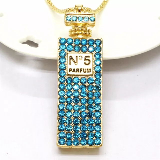Fashion Women Blue Bling Perfume Bottle Crystal Pendant Sweater Necklace