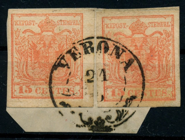 LOMBARDEI-VENETIEN 1850 2*15C auf Briefstück, MP, Type III. VERONA. Schön!