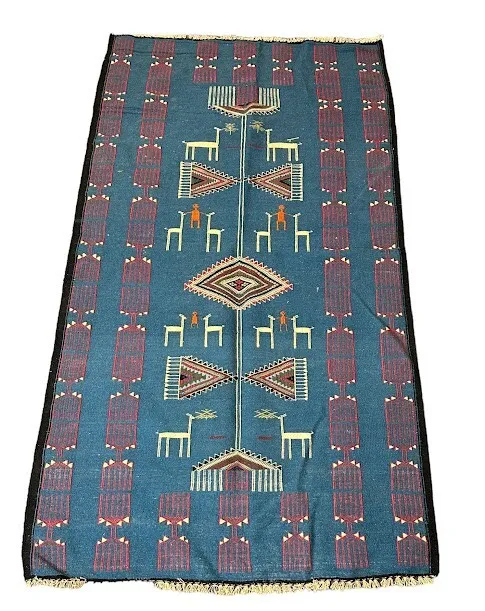 Handmade Vintage Wool Rug Turkish Kilim Village Design Blue/ Red 3'2 x 5'11