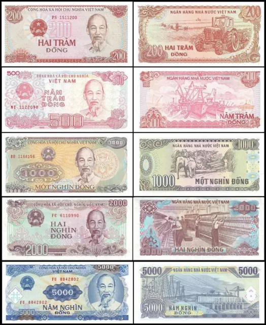 SET OF 5  VIETNAM UNCIRCULATED BANKNOTES  200 500 1000 2000 5000 Dong UNC