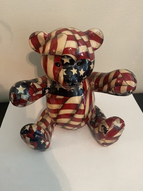 Piggy Bank, Ceramic Coin Teddy Bear wrapped in American Flag Colors