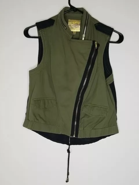 Princess Vera Wang Vest Women Medium Army Green Black Full Zip Faux Leather Trim