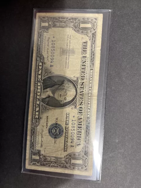 1957 A One Dollar Bill Silver Certificate Star Note Blue Seal With Star.