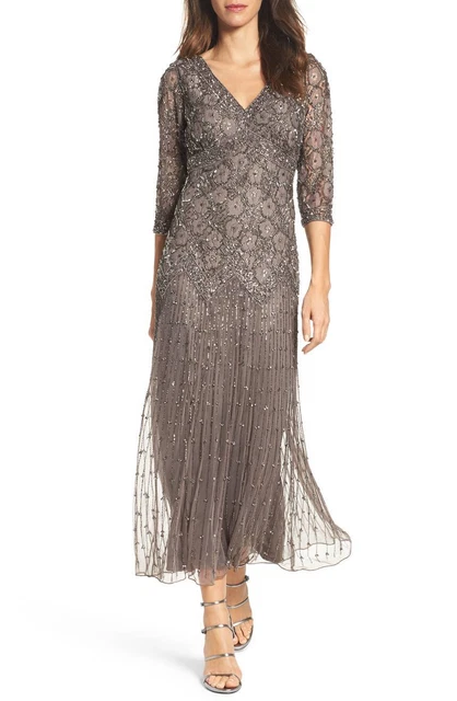 princess polly baby blue dress NEW PISARRO NIGHTS Beaded V Neck Mesh Gown Dress Grey 3/4 Sleeve Size 12 P  $79.95