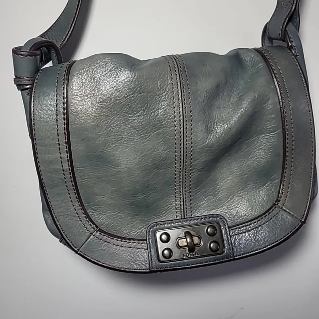 Fossil 1954 Long Live Vintage Blue/Gray Leather Crossbody Saddle Bag Purse