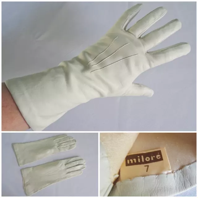 Vintage Leather Gloves 1960s Ivory  Ladies Wrist Length Milore Pair 60s Size 7