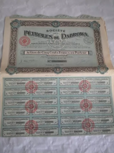 Vintage share certificate Stocks Bonds Action Societe Petroles de Dabrowa 1923