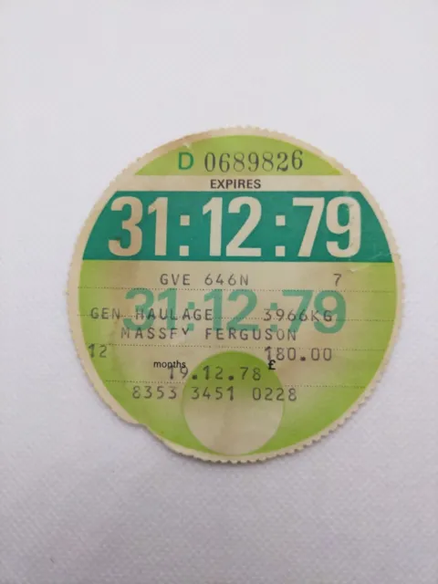 GENERAL HAULAGE MASSEY FERGUSON 1979 LVLO Old Road Car Farm Tax Disc Discs Rare