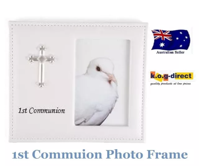 FIRST HOLY COMMUNION WHITE VINYL LEATHER PHOTO FRAME WITH CROSS 4"x 6"