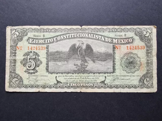 Mexico 5 Pesos Banknote Constitutionalist Army 1914 note State of Chihuahua