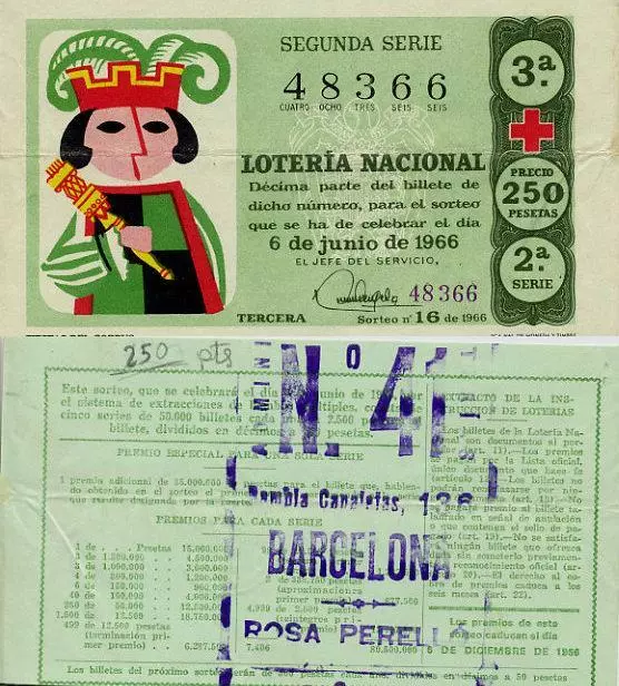 Año 1966. 250 Pts. Décima parte del billete. 6 de Junio. Sorteo Nº 16. Cruz Roja