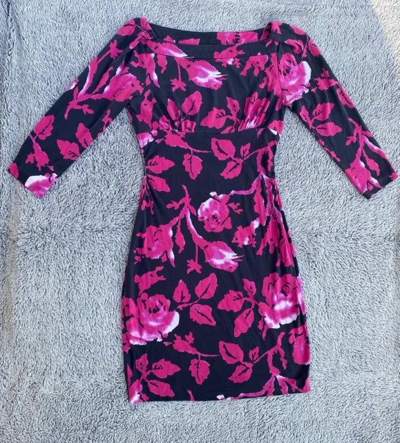 Diane Von Furstenberg Womens 2 Black Pink Rose Print Dress Long Sleeve Silk