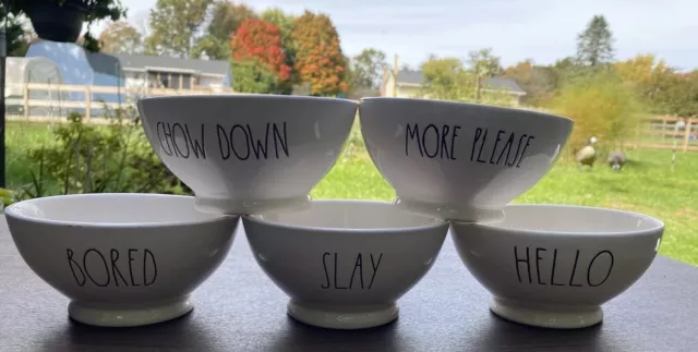 Lot of 5 RAE DUNN Cereal Soup Bowls BORED, CHOW DOWN, SLAY, MORE PLEASE, HELLO