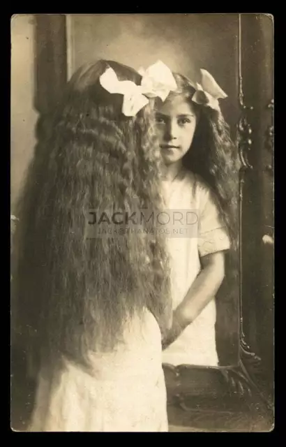 Amazing Photo Pretty Long Hair Missouri Girl Looking in Mirror 1900s RPPC