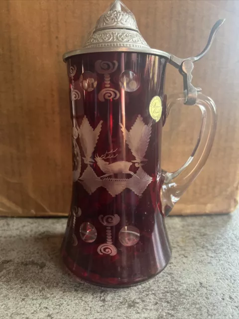 Vintage Bohemian CZECH RUBY Cut to Clear GLASS BEER STEIN w/Lid & LEAPING DEER