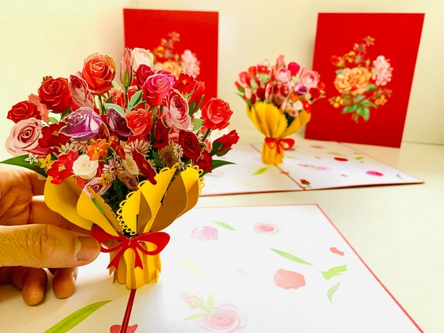 ORIGAMI POP CARDS Sweetheart Rose Flower Bouquet 3D Pop Greeting Card ...