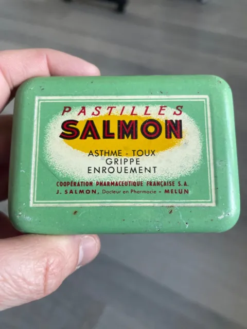 boîte en métal ancienne pastille Salmon.Verte avec jaune écriture noire et rouge