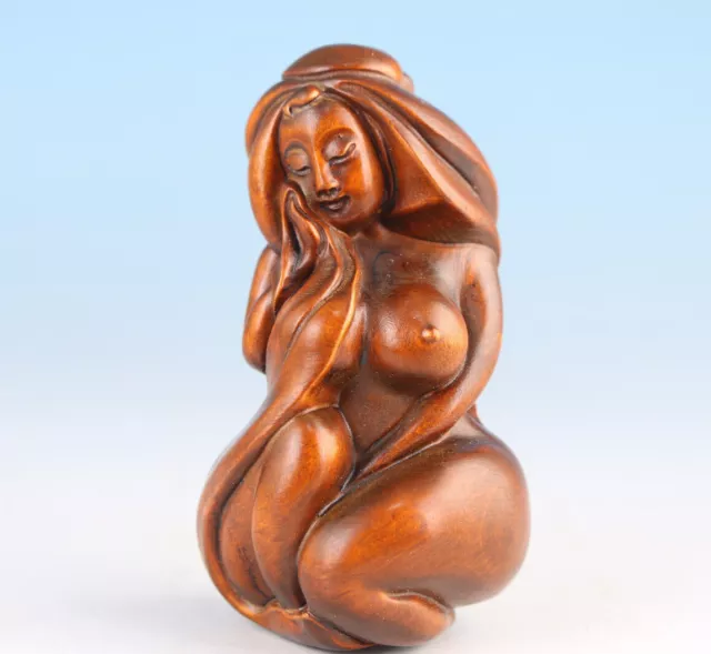 Rare Chinese boxwood mermaid figure fortune statue netsuke hand piece gift