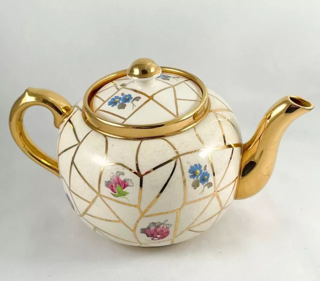 Vintage Sudlow’s Burslem Made in England Biege and Gold Teapot 1058