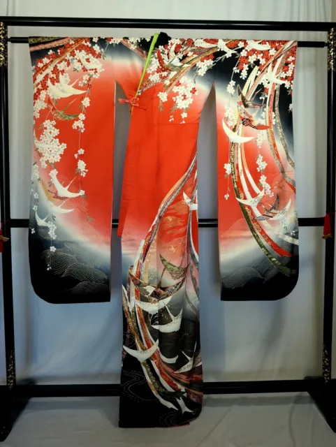 Japanese kimono SILK"FURISODE" long sleeves, Gold/Silver, Cranes, L5'3"...3283