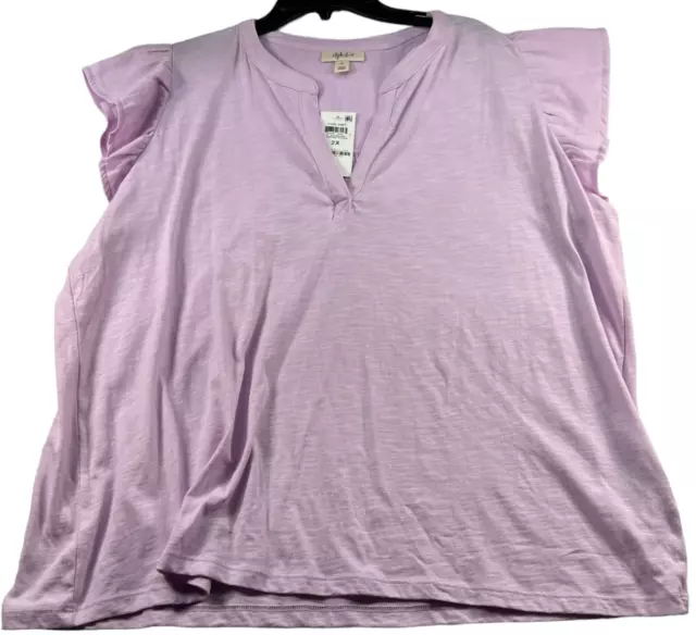 Style and Co. Blouse Womens Plus size 2X Purple Vneck Cotton Ruffle Short sleeve