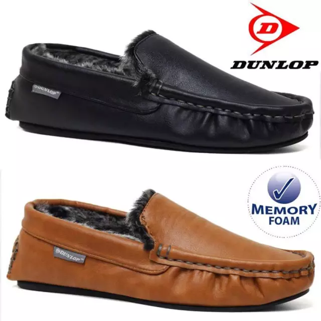 Mens Moccasins Slippers Faux Leather Loafers Dunlop Memory Foam Winter Fur Shoes