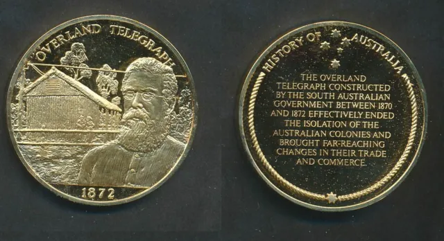 Australia: 1970s Overland Telegraph 44mm 39.5g Gilt Silver Medal, Aust History