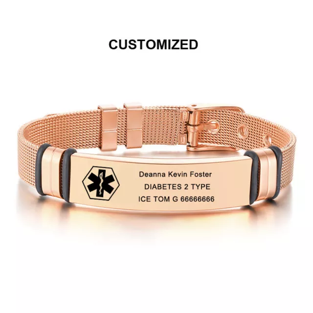 Personalised Women Rose Gold Medical Alert ID Bracelet Engrave Watchband Bangle